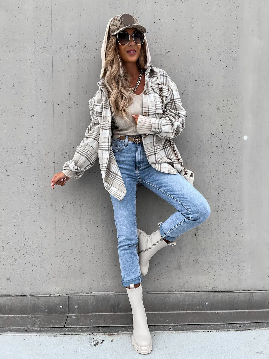Women's Winter Plaid Woolen Jacket with Detachable Hood and Pockets