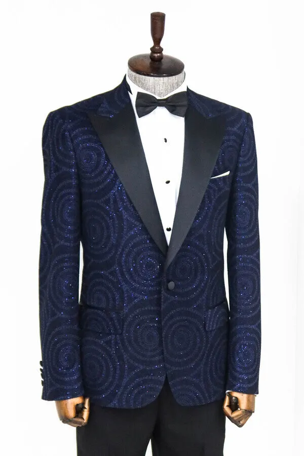 WSS Hypnose Pattern Peak Lapel Slim Fit Navy Blue Men Prom Blazer  - Singen
