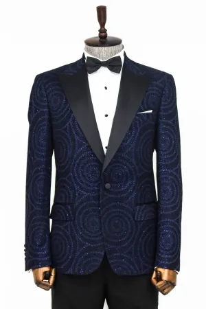 WSS Hypnose Pattern Peak Lapel Slim Fit Navy Blue Men Prom Blazer  - Singen