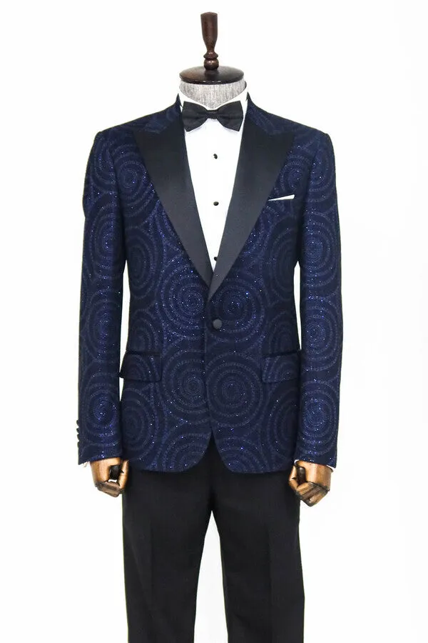 WSS Hypnose Pattern Peak Lapel Slim Fit Navy Blue Men Prom Blazer  - Singen