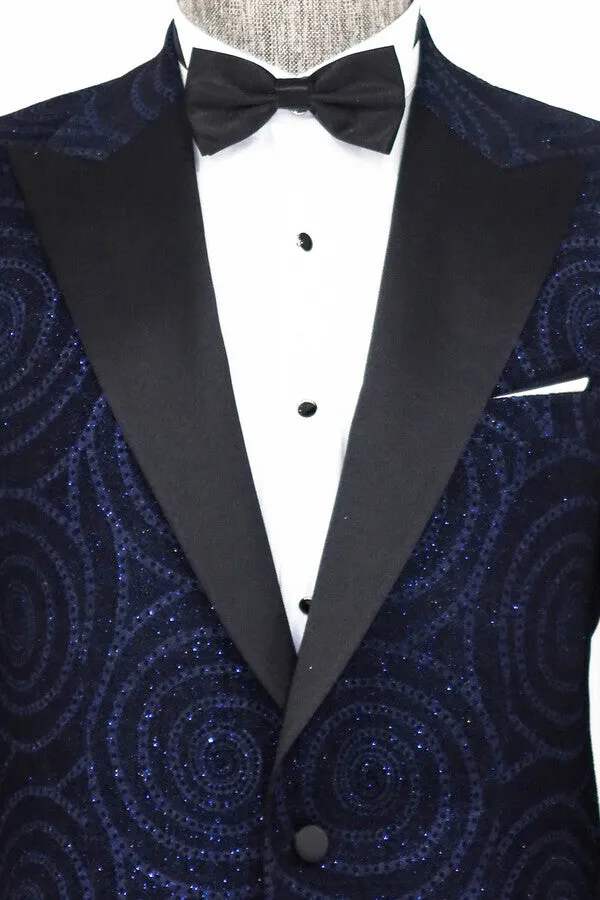WSS Hypnose Pattern Peak Lapel Slim Fit Navy Blue Men Prom Blazer  - Singen