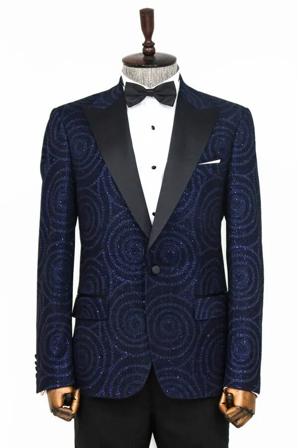 WSS Hypnose Pattern Peak Lapel Slim Fit Navy Blue Men Prom Blazer  - Singen