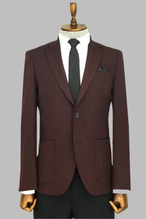 WSS Textured Slim Fit Peak Lapel Burgundy Men Blazer  - Singen
